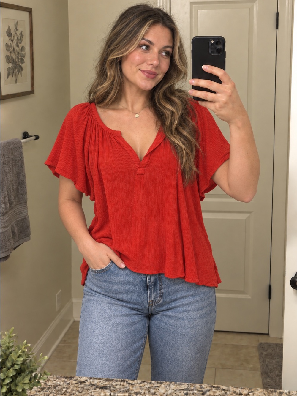 Show Me Your Mumu Red Gauze V-Neck Flutter Sleeve Peasant Blouse Relaxed Medium